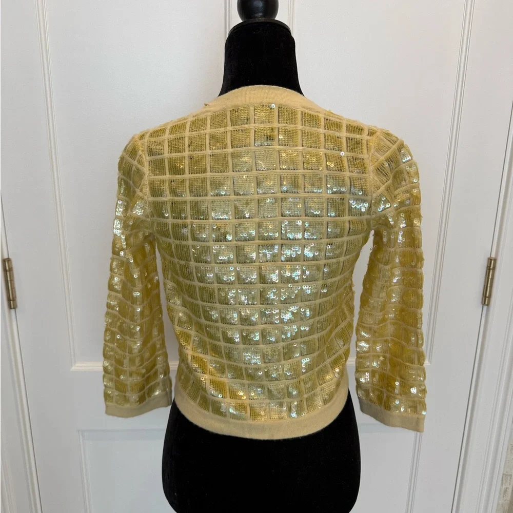 CHANEL Yellow and Gold Sequin Cashmere Button Up Cardigan - Picture 3 of 7